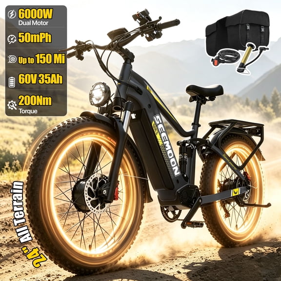 Seemoon 6000W 60 Volt E Motor Bike for Adults, 35Ah Battery, 50 mph Long Range, Fat Tire Electric Dirt Bicycle, 24 Inch Dual Motor Full Suspension