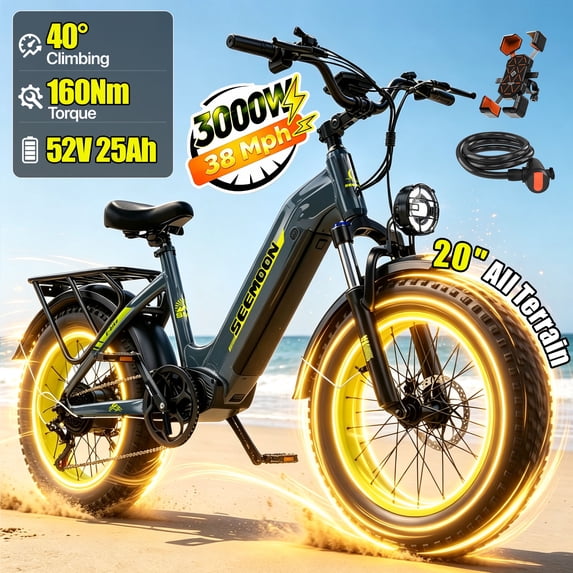 Seemoon Electric Dirt Bike for Adults 3OOOW 52V 25Ah 1300Wh 38 mh 105 miles 160Nm 40 degree Climb 20x4 inch Fat Tire Front Suspension Disc Brakes