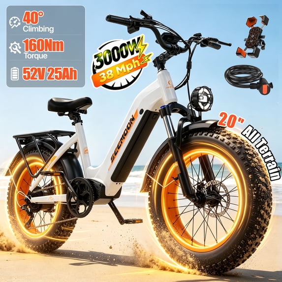 Seemoon Electric Dirt Bike for Adults 3OOOW 52V 25Ah 1300Wh 38 mh 105 miles 160Nm 40 degree Climb 20x4 inch Fat Tire Front Suspension Disc Brakes