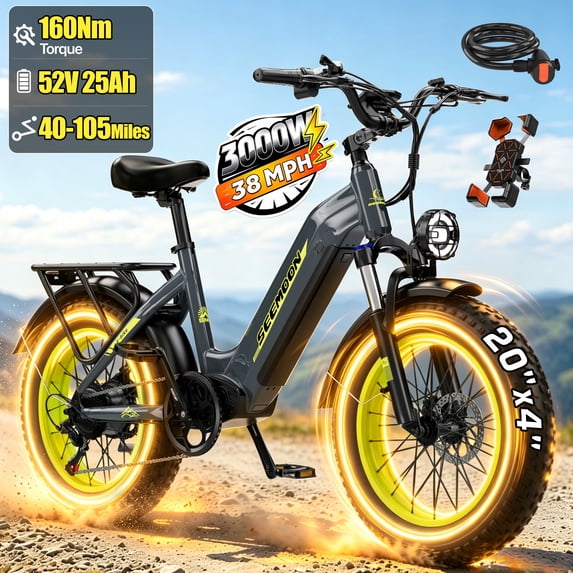 Seemoon Electric Bike for Adults 750W Motor 52V 25Ah 1300Wh 28MPH 105Mi 160Nm 40Deg 20"x4" Fat Tire Front Suspension Dual Disc Brakes Step Through
