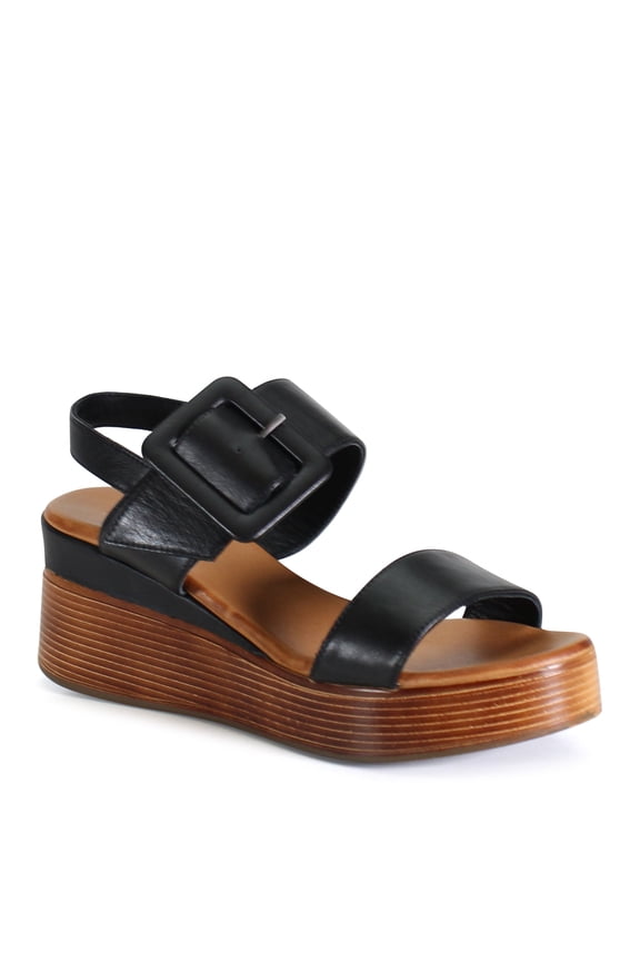True Women's Seen It All Leather Buckle Slingback Platform Wedge Sandal (Black, 40)