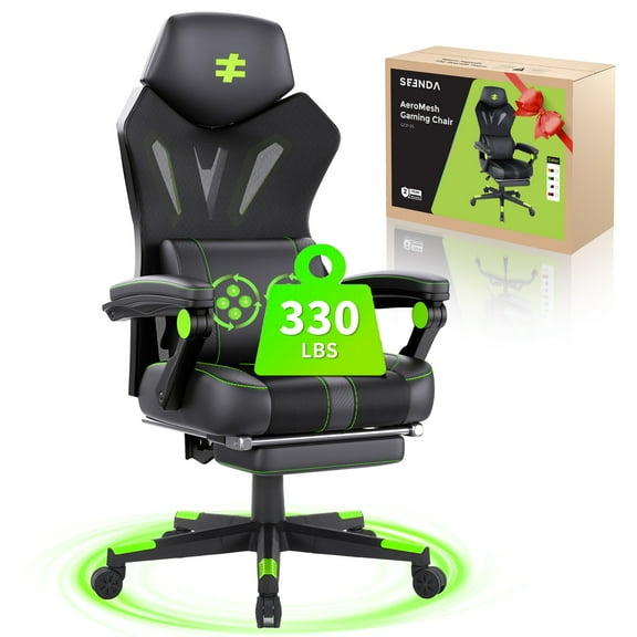 Seenda Massage Gaming Chair, Computer Chair with Mesh Back, Ergonomic Office Chair with Footrest, Reclining Game Chair with Adjustable Headrest and Lumbar Support for Gaming and Office