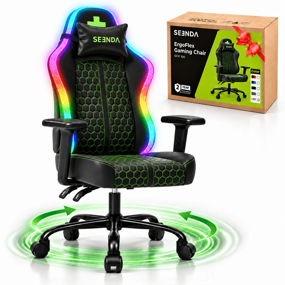 Seenda Gaming Chair, Computer Chair with RGB LED Lights, Ergonomic Chair for for Adults and Kids with Flip Armrests & Headrest Lumbar Support, Black