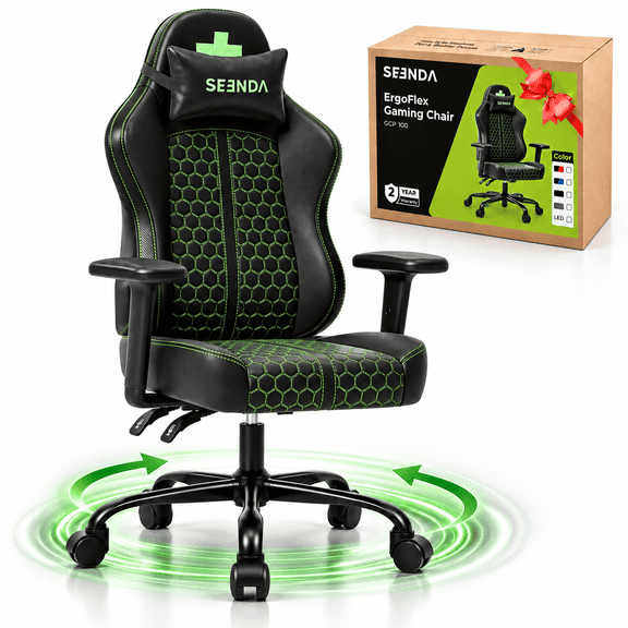 Seenda Gaming Chair, Ergonomic Office Desk Comping Video Game Chair Built-in Lumbar Support, PU Leather, Adjustable Headrest, Black