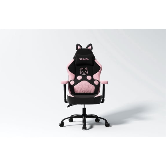 Seenda Pink Gaming Chair with Cat Ears and Lumbar Support, Ergonomic Computer Chair with Headrest, Comfortable Cute Cat PU Leather Game Chair for Girls and Adults