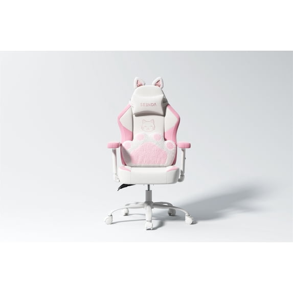 Seenda Pink Gaming Chair with Cat Ears, Ergonomic Gaming Computer Desk Chair with Cat Paw Lumbar Support, Cute PU Leather Game Chair for Girls Adults