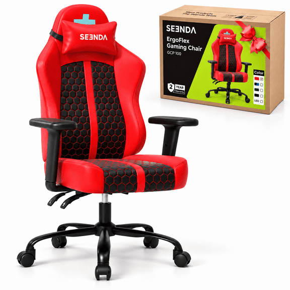 Seenda Ergonomic Gaming Chair, Computer Gamer Chair for Adult and Kids, Office Desk Chair with Flip Armrests, PU Leather, Swivel Racing Chair, Red