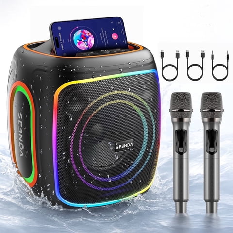 Seenda Karaoke Machine with Bluetooth & 2 Wireless Microphones, IPX5 Waterproof Portable PA System with RGB Lights for Indoor/Outdoor Parties