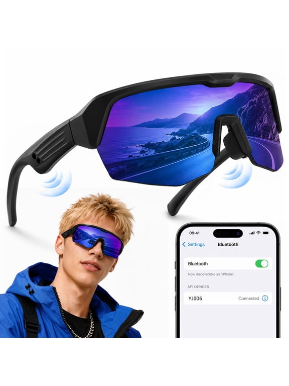Smart Glasses, Bluetooth Sunglasses with Polarized Lenses, Open-Ear Audio, Hands-Free Calling, Voice Assistant, Blue