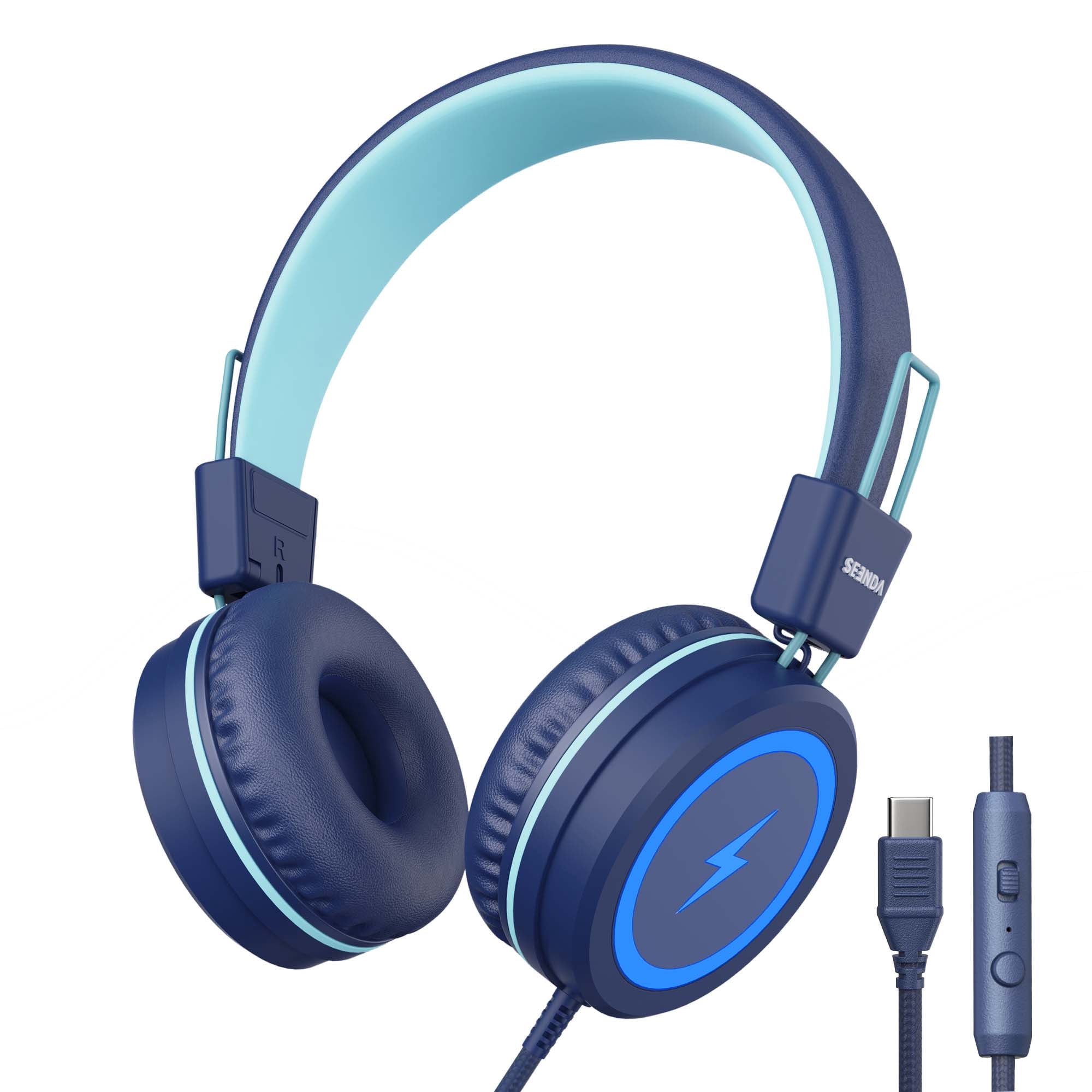 Seenda Wired Kids Headphones with LED Lights, Microphone and Upgraded Type-C Connection, 85/94dB Safe Volume, On-Ear Headphones for Boys/Girls/School Supplies/T