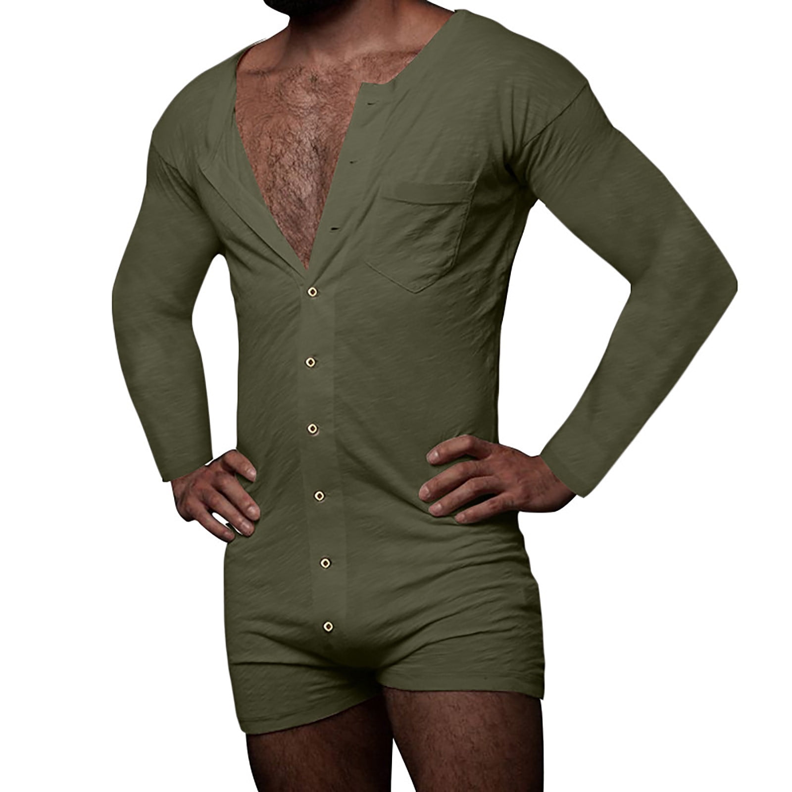 Seeotter Men's Long Sleeve Short Jumpsuit Pajama One Piece Button Down ...