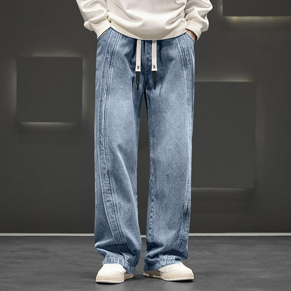 Seeotter Men's Regular Fit Straight Leg Jeans Casual Drawstring Elastic Waist Denim Pants
