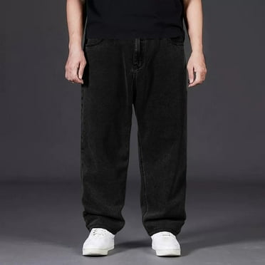 Seeotter Men's Work Jeans Casual Hip Hop Cargo Solid Color Loose Fit Straight Wide Leg Cotton Denim Pants with Zipper