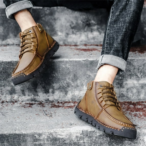 Seeotter Mens Casual Leather Shoes Ankle Chukka Boots Slip On Lightweight Loafers Mid top Walking Driving Shoes for Male