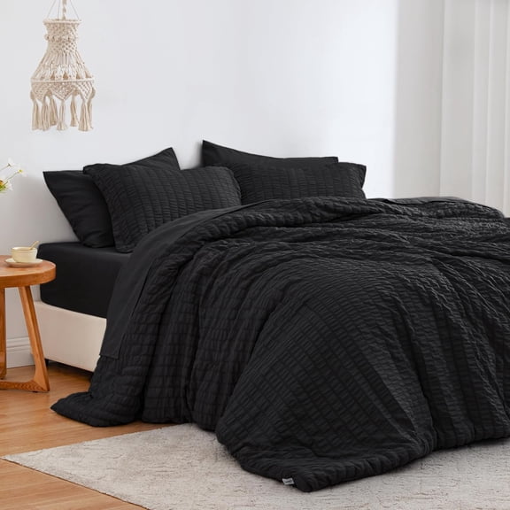 Seersucker Black Queen Comforter Set, 7-Piece All Season Lightweight Bed in a Bag Bedding Set with Comforter, Flat Sheet, Fitted Sheet, Pillowcases and Shams | Soft, Breathable, Lightweight