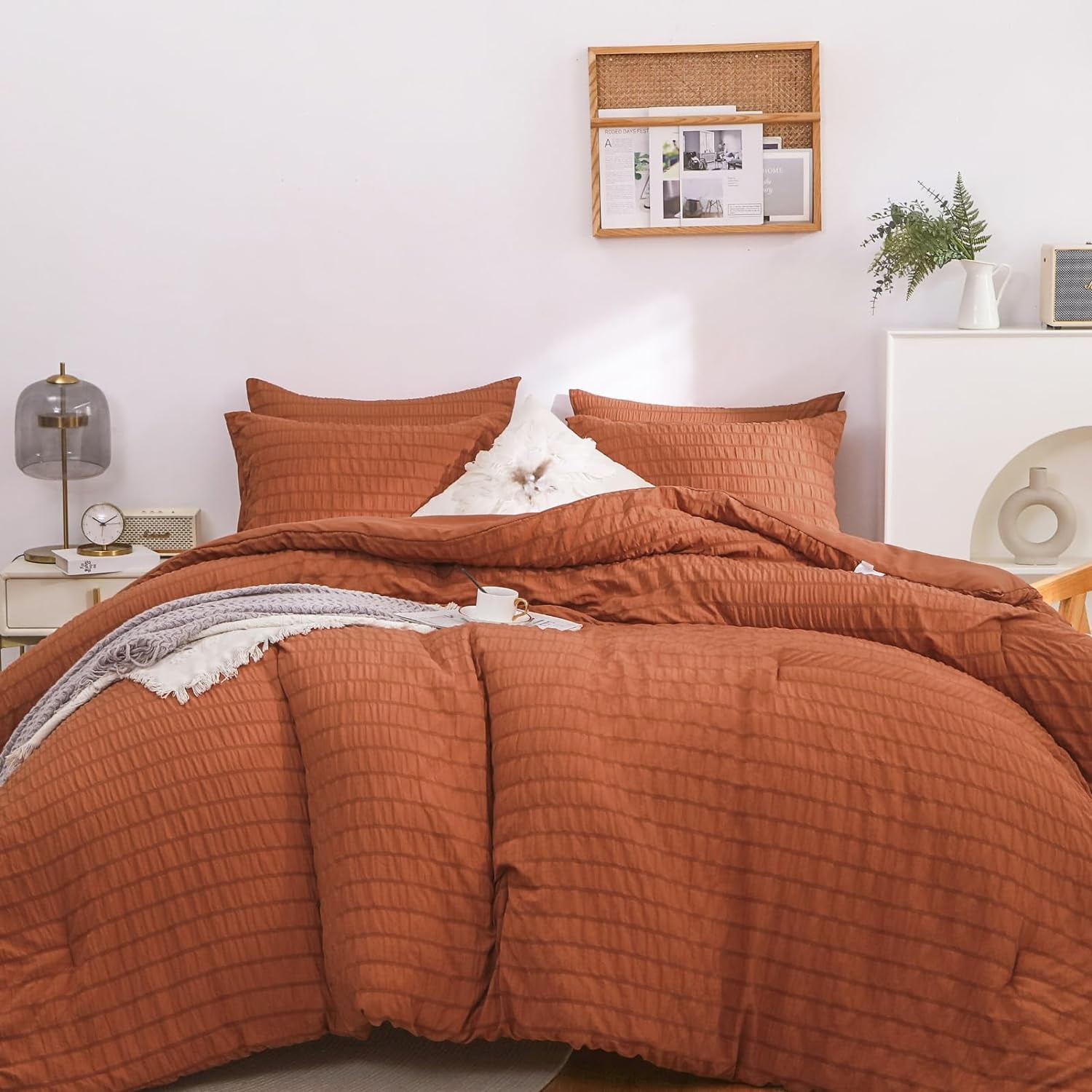 Seersucker Burnt Orange Full Size Comforter Set, Burnt Orange Comforter