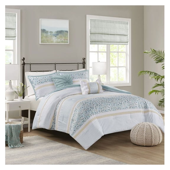 Seersucker Comforter Set 5 Piece Floral Shabby Chic King Blue Green