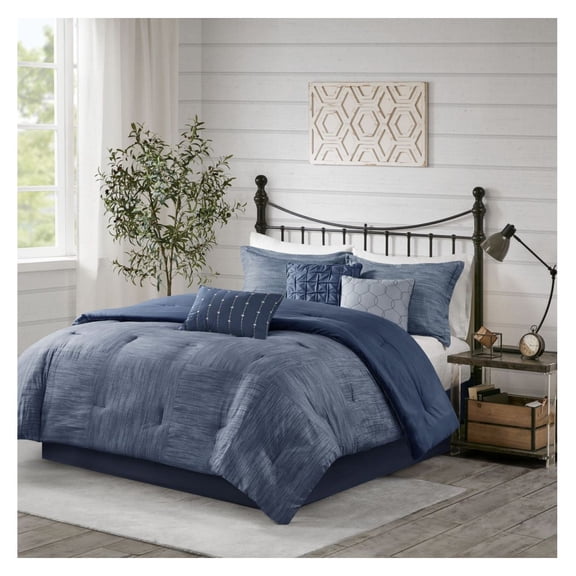 Seersucker Comforter Set 7 Piece Navy Blue Printed, Shabby Chic Bedding, Modern Textured Design, Includes Pillows & Bedskirt, King Size