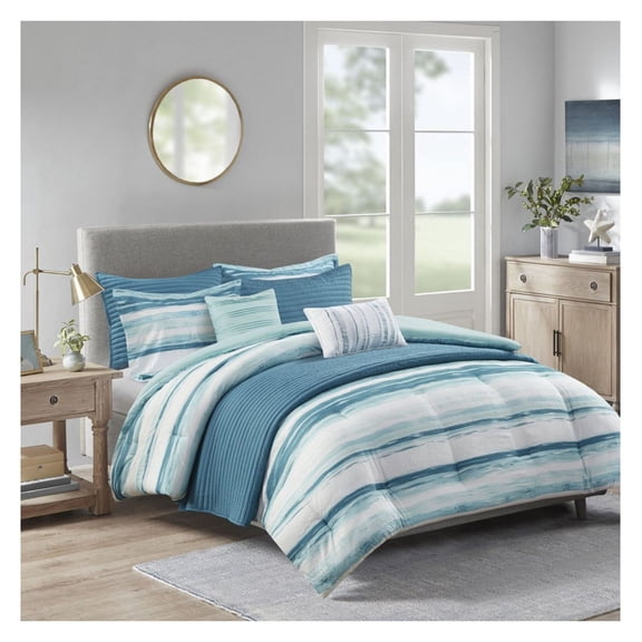Seersucker Comforter Set 8 Piece Watercolor Print - Storm Blue Quilt Set - Full/Queen Bedding - Teal Aqua Comforter & Shams