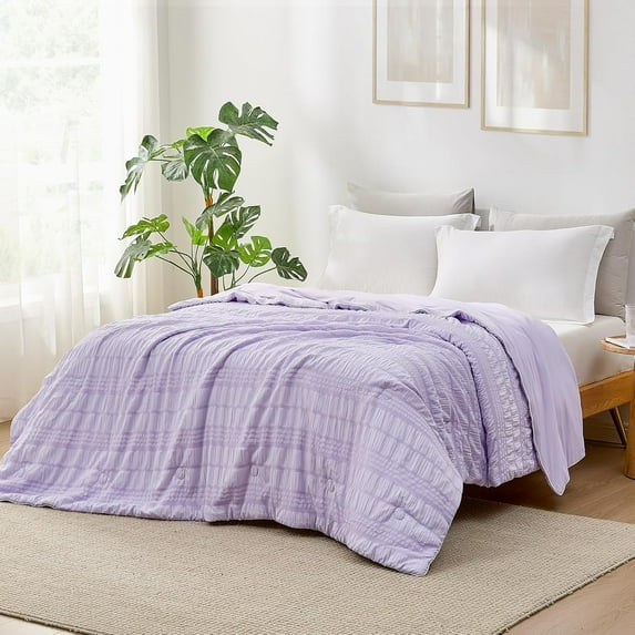 Seersucker Cooling Comforter King Size, Q-Max 0.45 Reversible Lightweight Cooling Blanket, Breathable Silk Smooth Summer Bedding Quilt for Hot Sleepers Night Sweats Purple