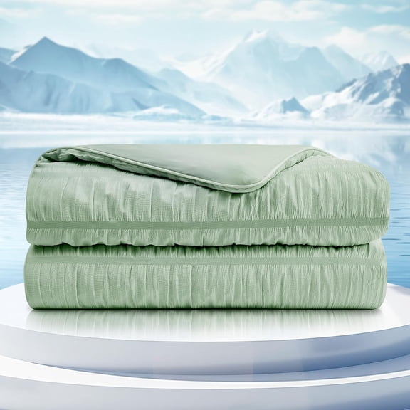 Seersucker Cooling Comforter Twin Size, Q-Max 0.4 Reversible Lightweight Cooling Blanket, Breathable Silk Smooth Summer Bedding Quilt for Hot Sleepers Night Sweats Sage Green