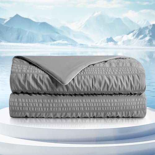 Seersucker Cooling Comforter Twin Size, Q-Max 0.45 Reversible Lightweight Cooling Throw Blanket, Breathable Silk Smooth Summer Bedding Quilt for Hot Sleepers Night Sweats Dark Grey