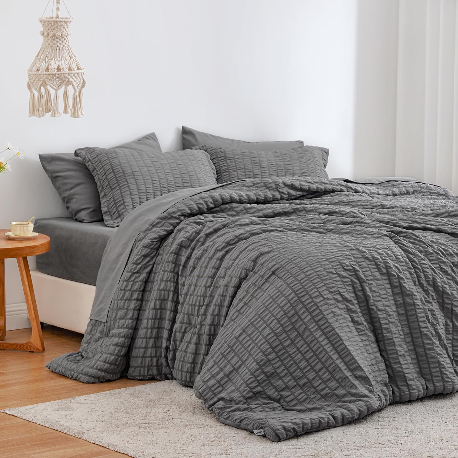 Thermee Seersucker Sheet Set, Queen Size, Misty Gray - Wrinkle Resistant, Breathable Cotton Blend Bedding