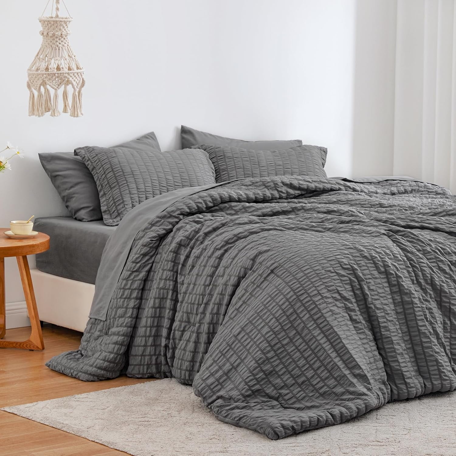 Seersucker Dark Grey Queen Comforter Set 7 Pieces, All Season Bedding
