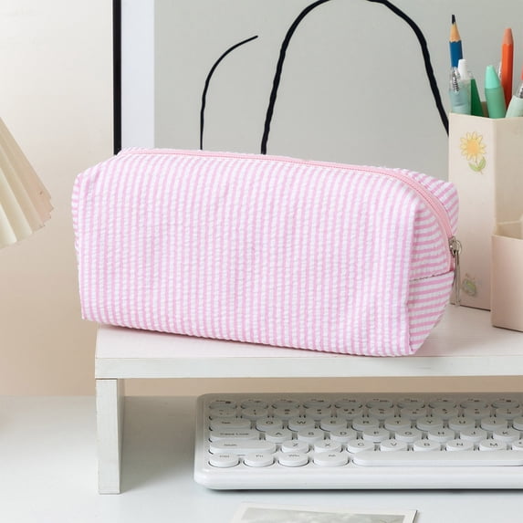 Seersucker Pencil Case Student Desk Organizer Pouch Rectangular Zipper Stationery Storage Bag for School Office Travel