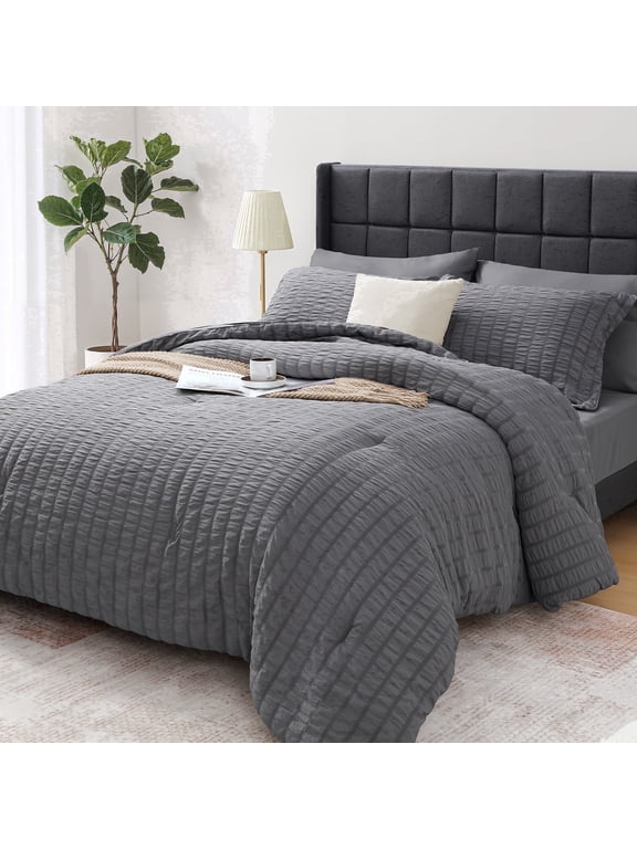 7 Piece Queen Comforter Set, Bed in a Bag with Sheets, Pillowcases & Shams, All Season Soft Bedding, Cozy and Lightweight, Machine Washable, Gray