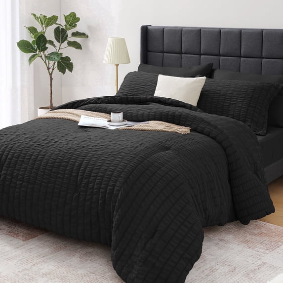 Vccoem 7 Piece Full Comforter Set, Bed in a Bag with Sheets, Pillowcases & Shams, All Season Soft Bedding, Cozy and Lightweight, Machine Washable, Black