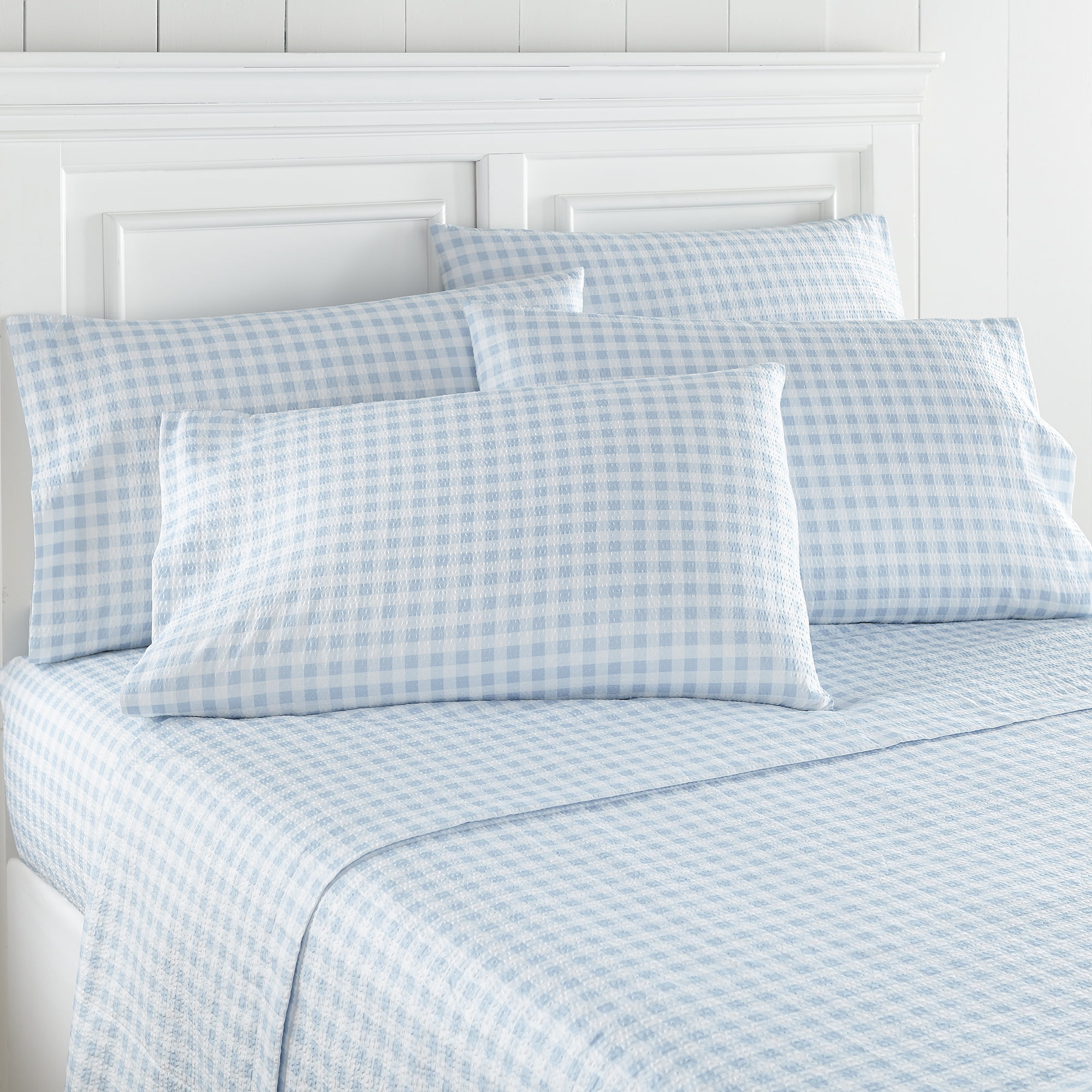 Twin Gingham Blue Polyester Seersucker Sheet Set