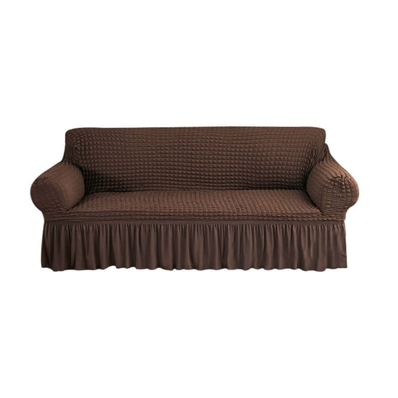 Seersucker Sofa Cover With Skirt,Stretch Couch Cover 360° All-around Inclusive With Elastic Bottom Armchair Protector For Living Room -Coffee-2 seater(140-180cm)