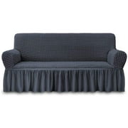 Seersucker Sofa Slipcover Pleated Ruffled Skirt Stretch Couch Cover Washable High Elastic Durable (3 Seater,Deep Gray)