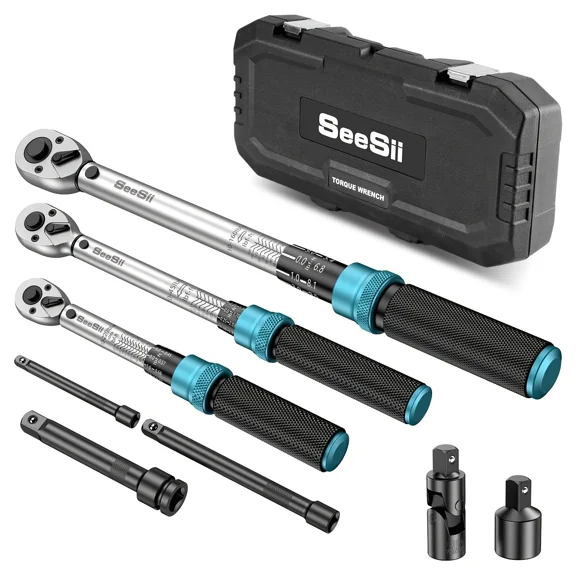 Seesii 1/4 3/8 1/2-inch Drive Click Torque Wrench Set - 8Pcs, 72-Tooth Dual Scale,Multi-functional Torque Wrench 45-221in.lb, 7-45ft.lb, 30-160ft. lb Ultra-Precise 3% Accuracy,