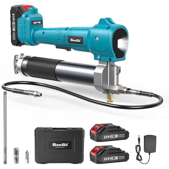 Seesii 10000 PSI Heavy Duty Grease Gun with 39.4" Long Hose, Electric Powered Grease Gun with 2 Batteries and Charger, Ultra Bright LED Light for Truck, Tractor, Construction Equipment Maintenance