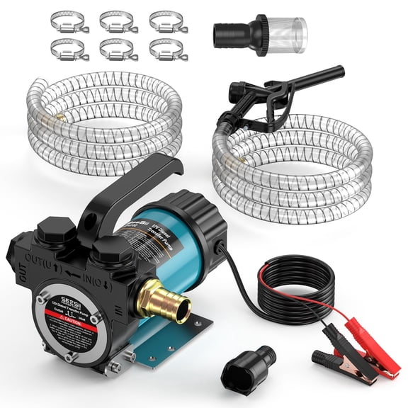 Seesii 13GMP Fuel Transfer Pump , 12V Diesel Transfer Pump with Auto Shut-Off Nozzle Hoses for Transferring Diesel, Kerosene, Self Priming DC Electric Fuel Pump Kit