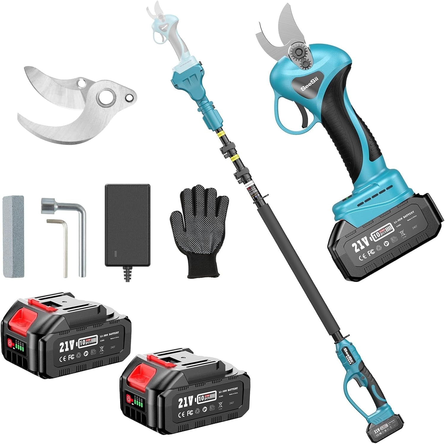 Seesii 2-in-1 Cordless Pole Pruner \u0026 Electric Pruning Shears, 1.2'' Cutting Diameter with 21V 2x4.0Ah Batteries, 15FT Reach Extension Pole for Tall Trees Trimming, Branch Cutting