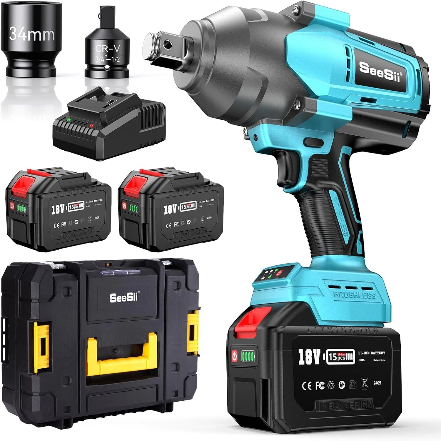 Seesii 3/4 in. Cordless Electric Impact Wrench Set 2000Nm, 1475ft-lbs High Torque Brushless Power Impact Gun 1/2‘’, 2x 6.0AH Battery, Fast Charger
