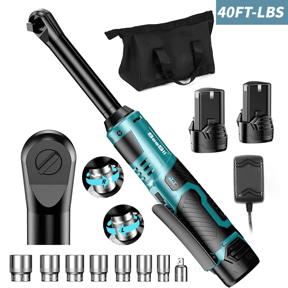 Seesii 3/8" Cordless Ratchet Wrench, 40Ft-lbs (54N.m) 220RPM Light Weight Powered Electric Ratchet, 6" Extended Long Neck with Built-in LED, 2x 2.0Ah Batteries, 7x Sockets(10/11/12/13/14/15/17mm)