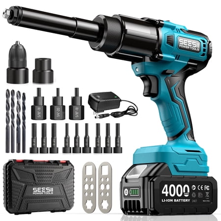 Seesii 3-in-1 Cordless Electric Rivet/Drill /Nut Gun Tool for Nutsert, Rivets ,4000mah Battery Powered Pop Rivet/Nut Gun, Auto/Manual Rivet
