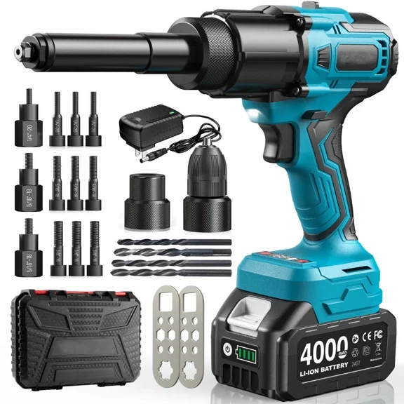 Seesii 3-in-1 Cordless Electric Rivet/Drill /Nut Gun Tool for Nutsert(10-24" & 1/4" & 5/16" & 3/8"),Rivets(1/8'', 5/32'', 3/16") 4000mah Battery Powered Pop Rivet/Nut Gun, Auto/Manual Rivet