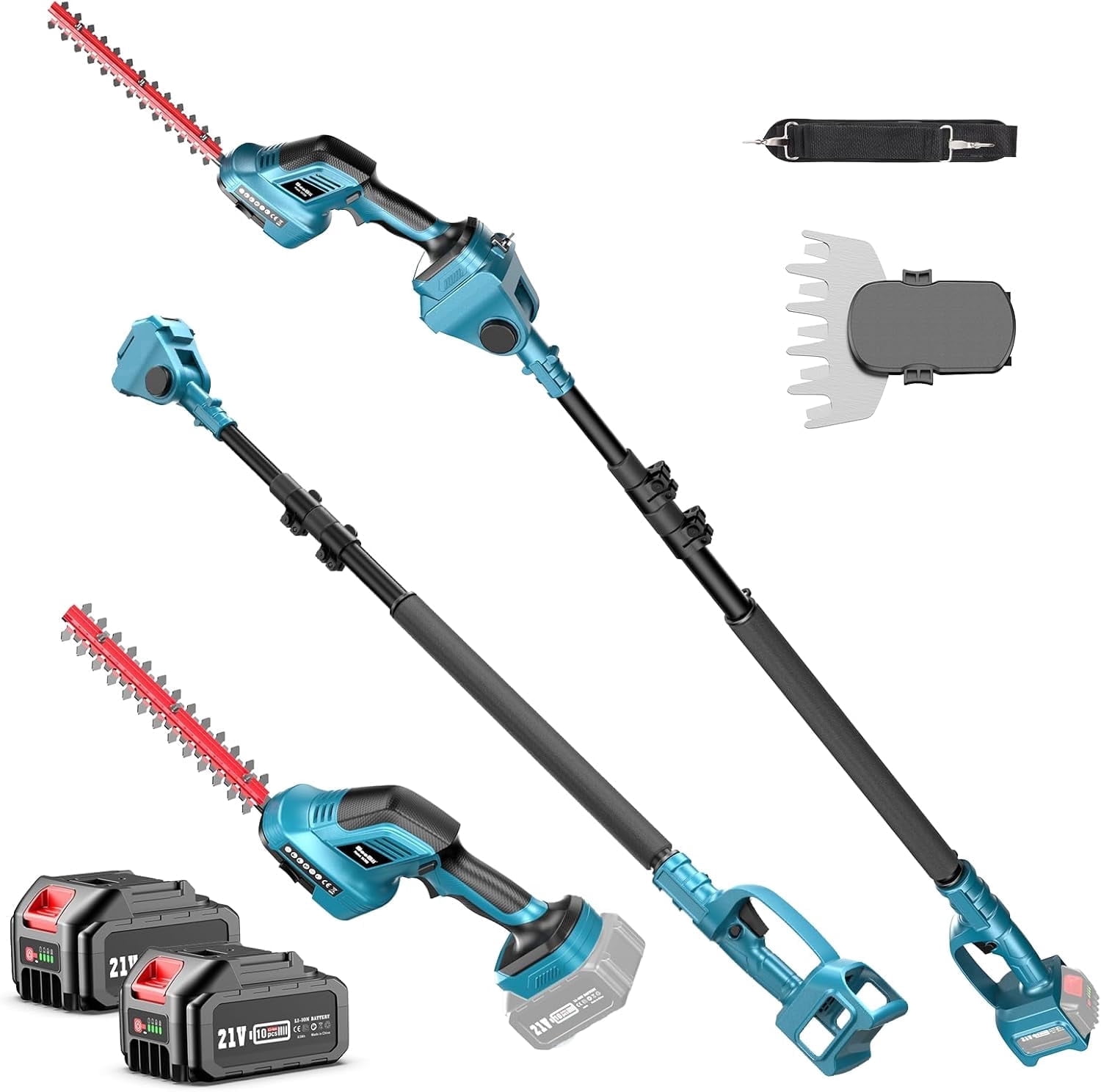 Seesii 3-in-1 Cordless Pole Hedge Trimmer, 21V Electric Hedge & Grass Trimmer with 2*4.0Ah Rechargeable Batteries, 16ft Reach, Extended Pole with 180° Adjustable Angle for High Shrubs, Bush and Grass