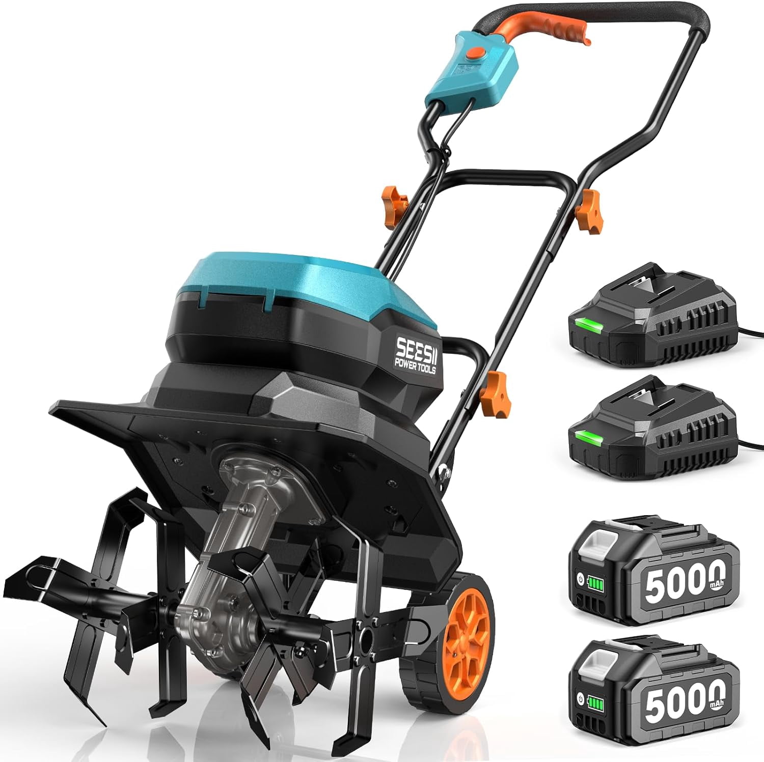 Seesii 40V Cordless Tiller Gardening Rototiller  Adjustable Handle & Wheels, 12" Electric Tiller Cultivator  2×5.0Ah Batteries & Charger