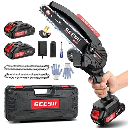 Seesii 6'' Mini Chainsaw, Portable Small Cordless Electric Chainsaw with Security Lock, Auto-Oil System, Pruning Saw, Handheld Battery Powered for Wood Cutting Tree Trimming, Black(Clearance Sales)