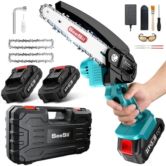 Seesii 6 inch Mini Chainsaw, Powered Cordless Chainsaw with 2x 2.0Ah Batteries, 2x Chains & Safety Lock, Handheld Electric Power Chainsaw Kits Wood Cutter