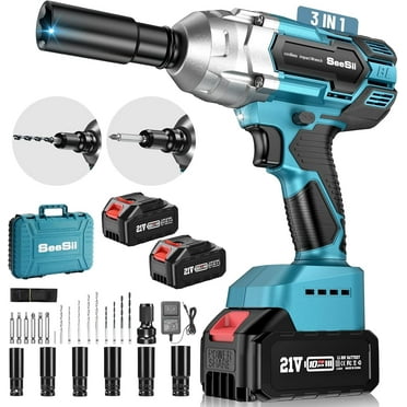 Seesii 650Nm Cordless Impact Wrench 1/2 inch, 480Ft-lbs Impact Gun Screwdriver, 3300RPM Powered Impact Driver w/ 2x 4.0Ah Batteries, 6 Sockets, 8 Drills & 6 Screws for Automotive Repair, WH700
