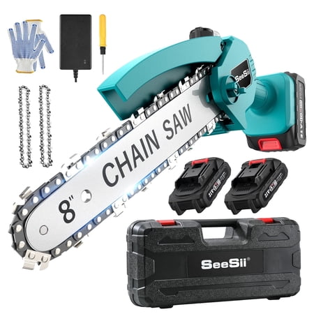 Seesii 8 inch Mini Electric Chainsaw, Cordless Chainsaw with 2pcs 21V Batteries, Oiler System & 2pcs Chains, Handheld Battery Powered Chain Saw w/ Safety Lock for Wood Tree Cutting