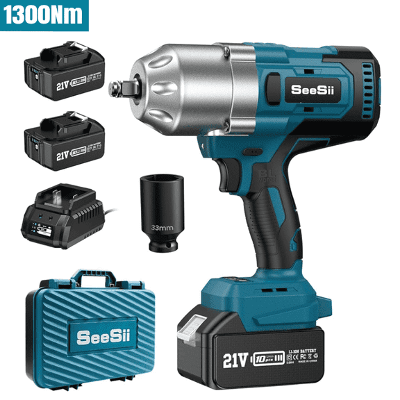 Seesii 960Ft-lbs Brushless Impact Wrench 1/2'', 1300Nm Power Cordless Impact Gun w/ CRV Socket, 2x 5.0Ah 21V Batteries, Electric Impact Driver for Car Home Truck Mower