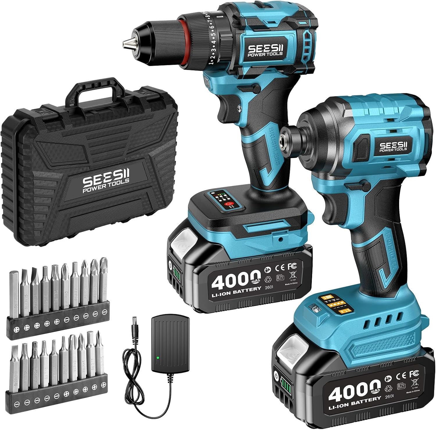 Seesii Cordless Drill Driver and Impact Driver Combo Kit  Brushless 3/8'' Drill & 1/4'' Impact Driver, 2x 4000mAh Battery, Fast Charger, 20 pcs Driver Bit Set & Bag